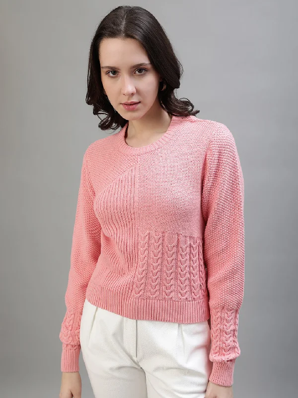 Iconic Women Pink Woven Round Neck Full Sleeves Sweater