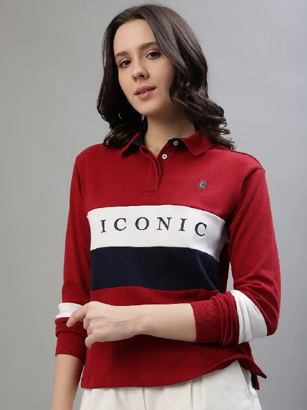 Iconic Women Multicolor Colorblocked Polo Collar Full Sleeves T-Shirt