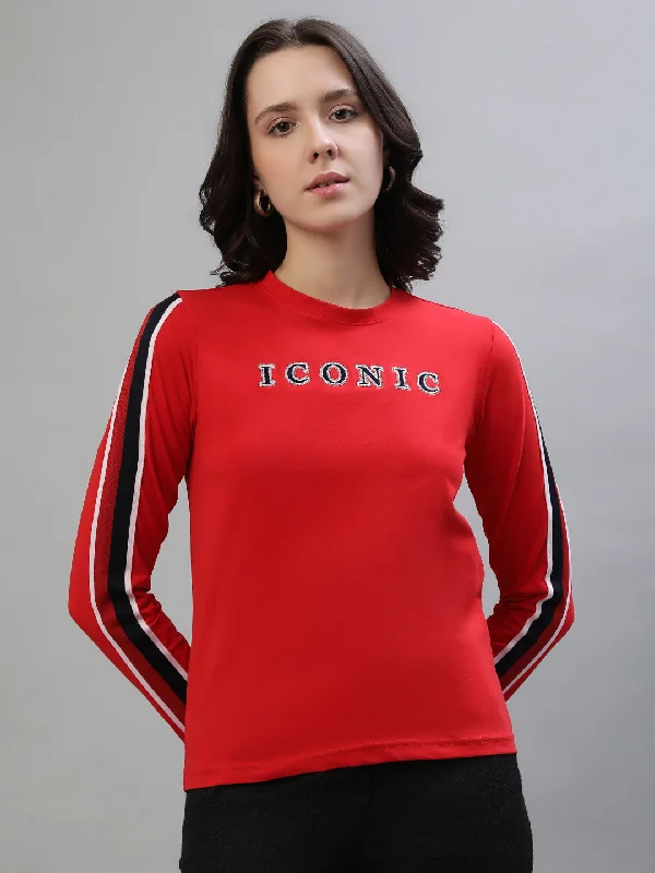 Iconic Women Red Solid Round Neck Full Sleeves T-Shirt