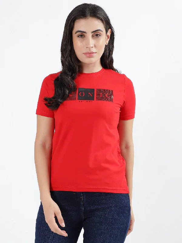 Iconic Women Red Solid Round Neck Short Sleeves T-Shirt