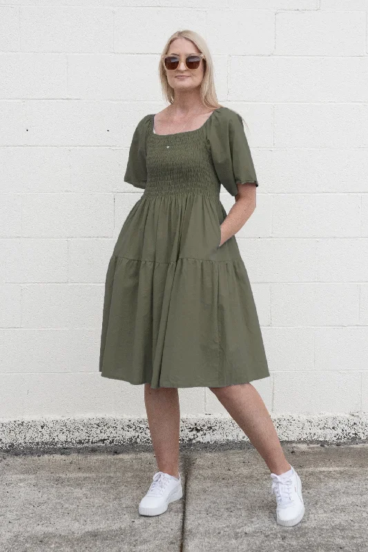 Plain Shirred Bust Louisa Dress - Khaki