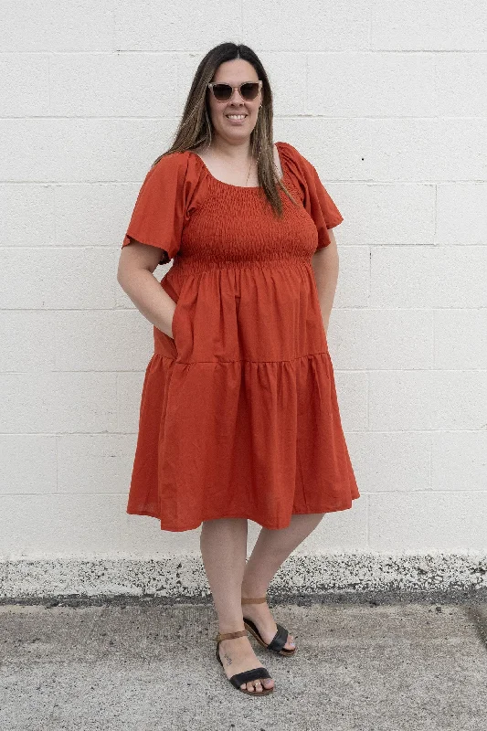 Plain Shirred Bust Louisa Dress - Rust