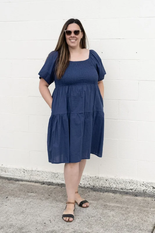 Plain Shirred Bust Louisa Dress - Navy