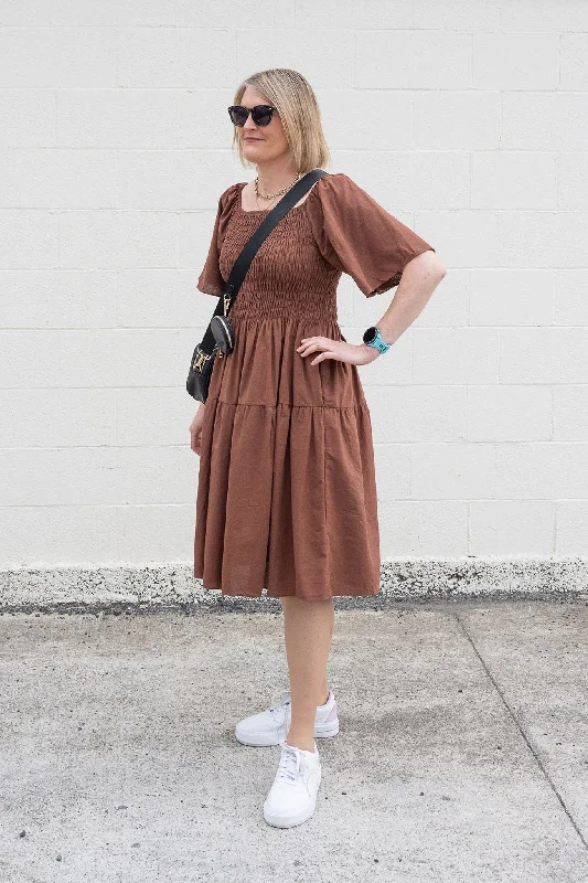 Plain Shirred Bust Louisa Dress - Chocolate