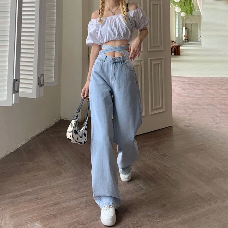 Amy Fashion - Fashion Cotton Cross Belt Jeans