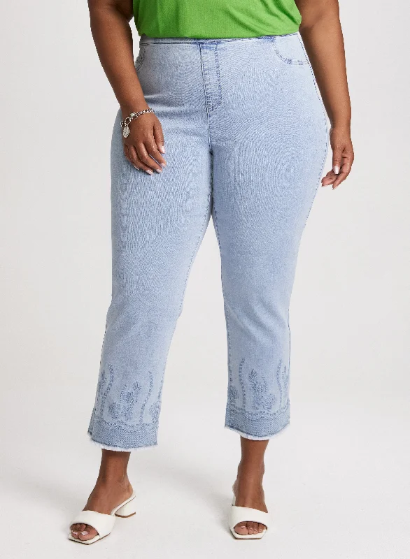 Pull-On Embroidered Hem Jeans