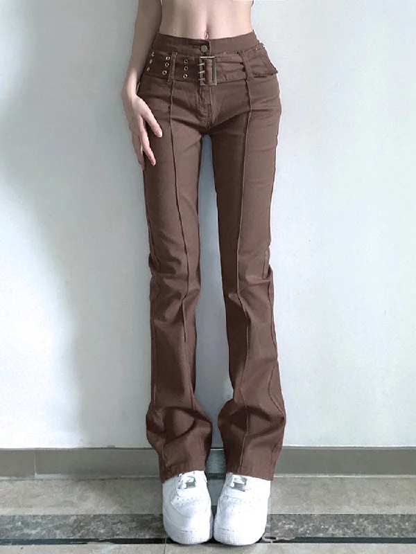 Amy Fashion - Brown Vintage Flared Hight Waist Jeans