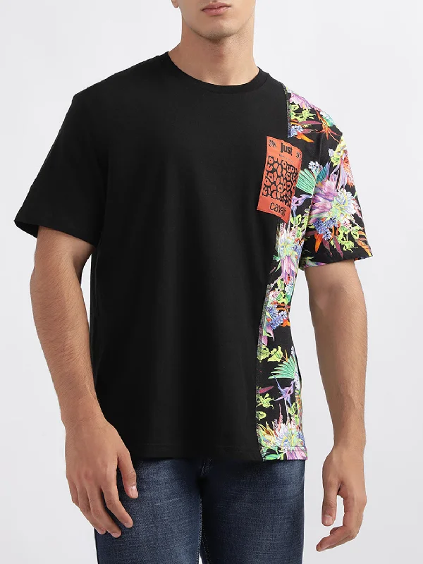 Just Cavalli Black Fashion Floral Print Slim Fit T-Shirt