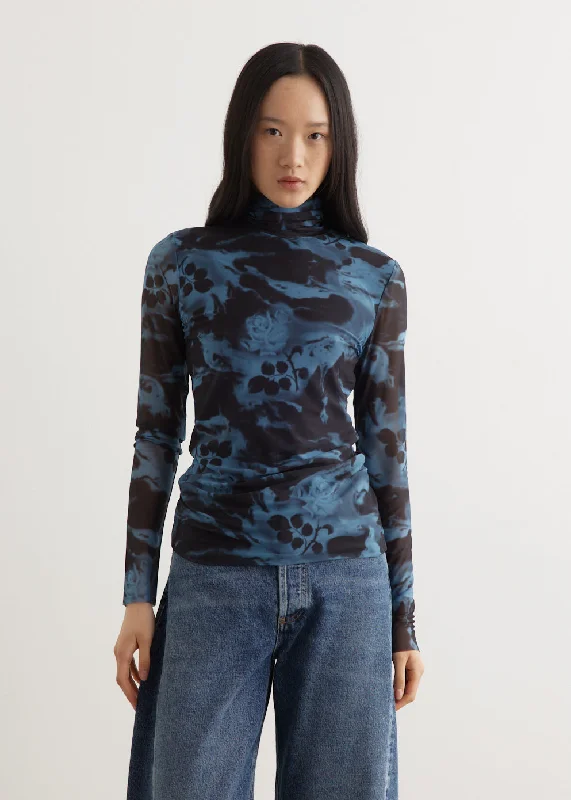 Printed Mesh Long Sleeve Rollneck Top