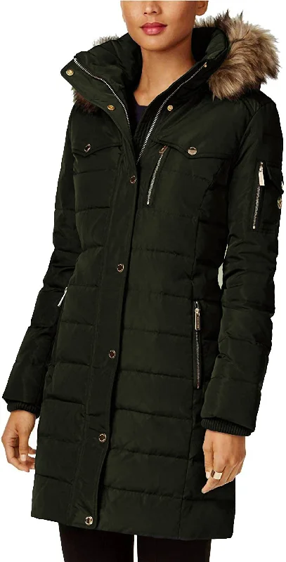 Down Fill Faux Fur Hood 3/4 Puffer Coat In Dark Moss