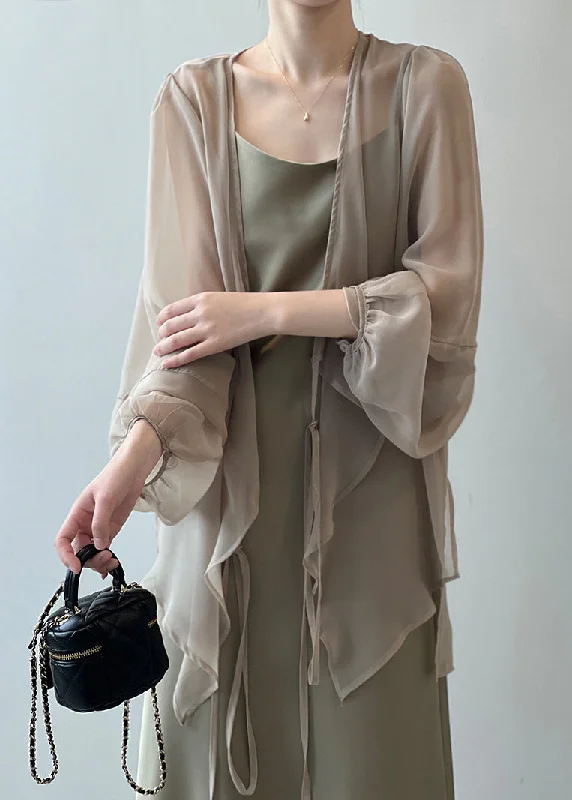 Khaki Solid Chiffon Cardigan Lace Up Long Sleeve