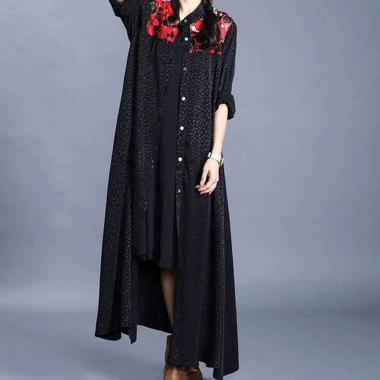 Loose black patchwork red Fine tunics for women Work Outfits stand collar Button Down cardigan