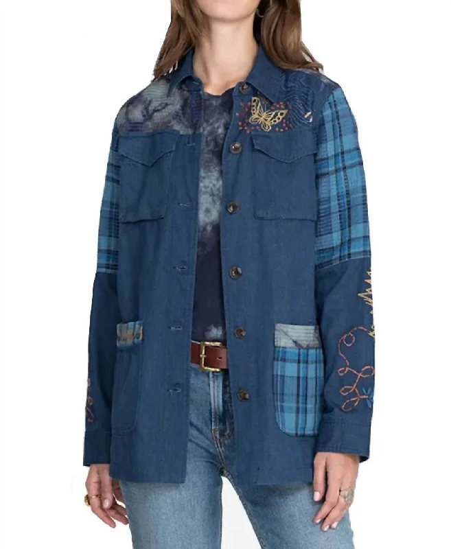 Moonlight Tie Dye Patchwork Military Jacket In Denim Blue