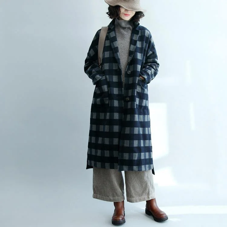 Spring Blue Grid Wool Coat Oversized Long Jackets Fashion Long Coats