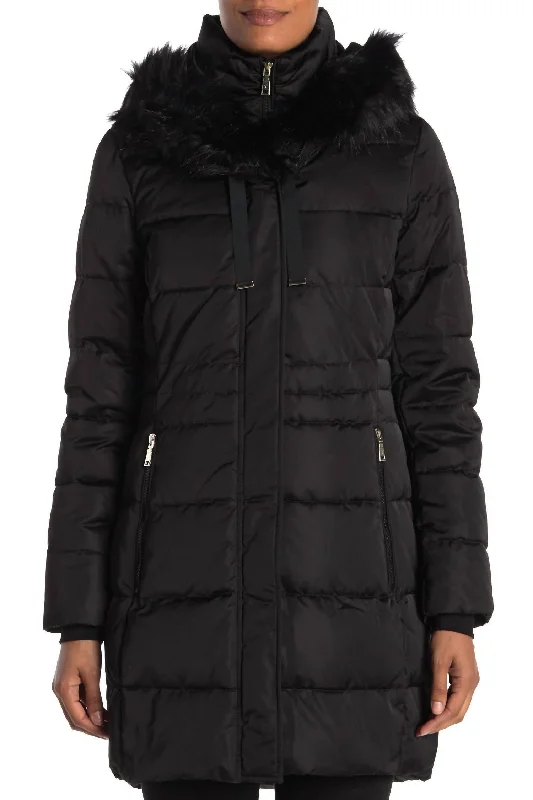 Stefani Faux Fur Hood Down Fill Fitted Puffer Coat In Black