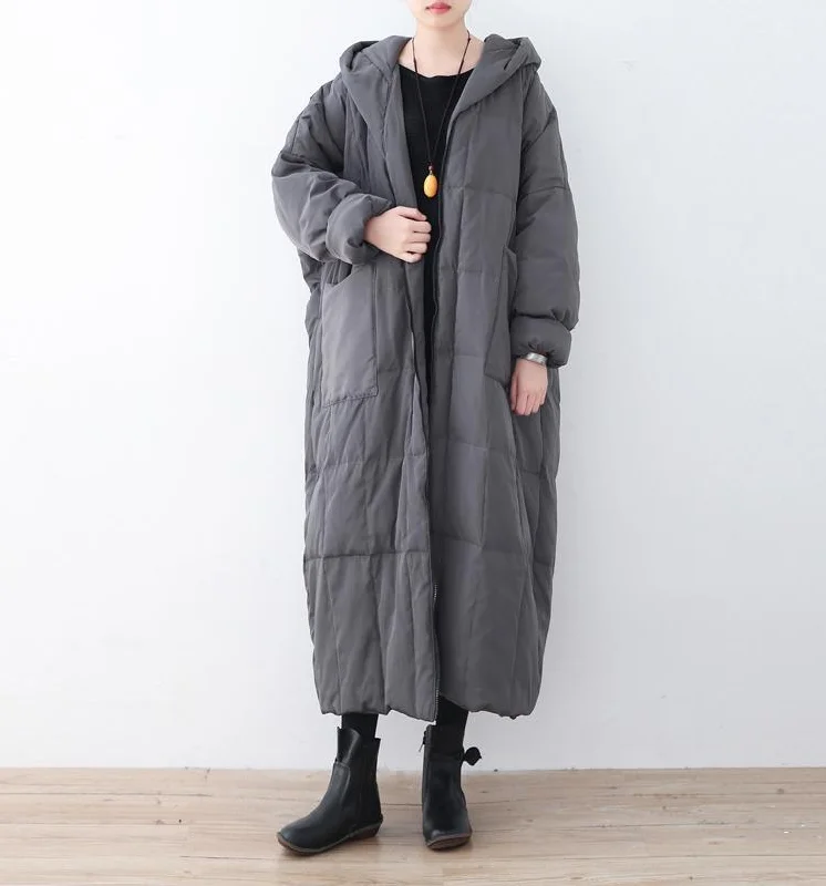 thick gray down coat plus size hooded pockets down jacket zippered baggy long coats