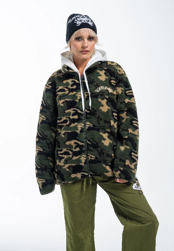 Womens Dragon & Rose Camo Zip Thru Borg Fleece Jacket - Green Camo